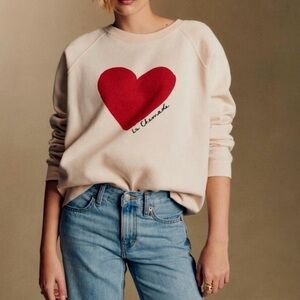 NWT Sezane La Chamade Beige Sweatshirt with Bold Red Heart